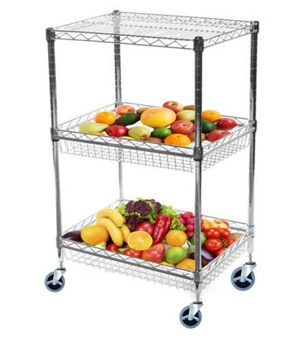 14" Deep x 24" Wide 3 Tier Chrome Mobile Basket Unit 1200lb total capacity