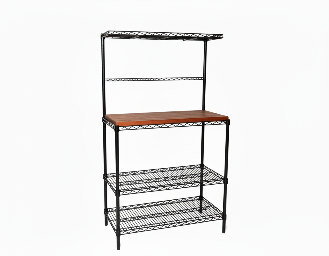 Cherry bakers rack with black wire shelving