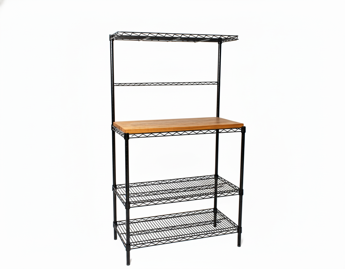Teak bakers rack with black wire shelving