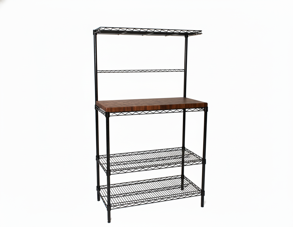 Walnut bakers rack with black wire shelving